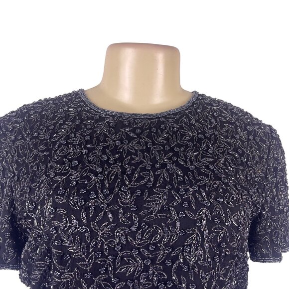 Papell Boutique Womens Black 100% Silk Beaded Embellished Evening Top Size S - Picture 5 of 9